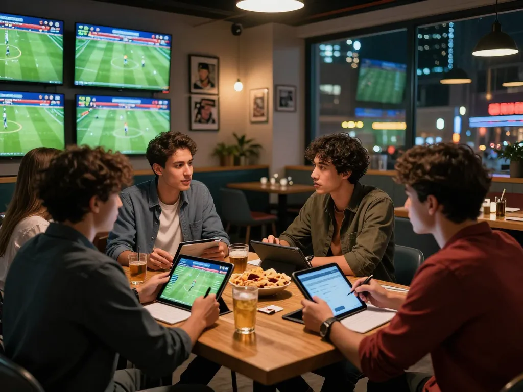 Football enthusiasts at a modern lounge discussing 1gom betting odds.