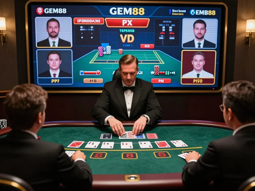 Engaged players strategizing their bets on GEM88's live dealer blackjack, capturing immersive online gaming.