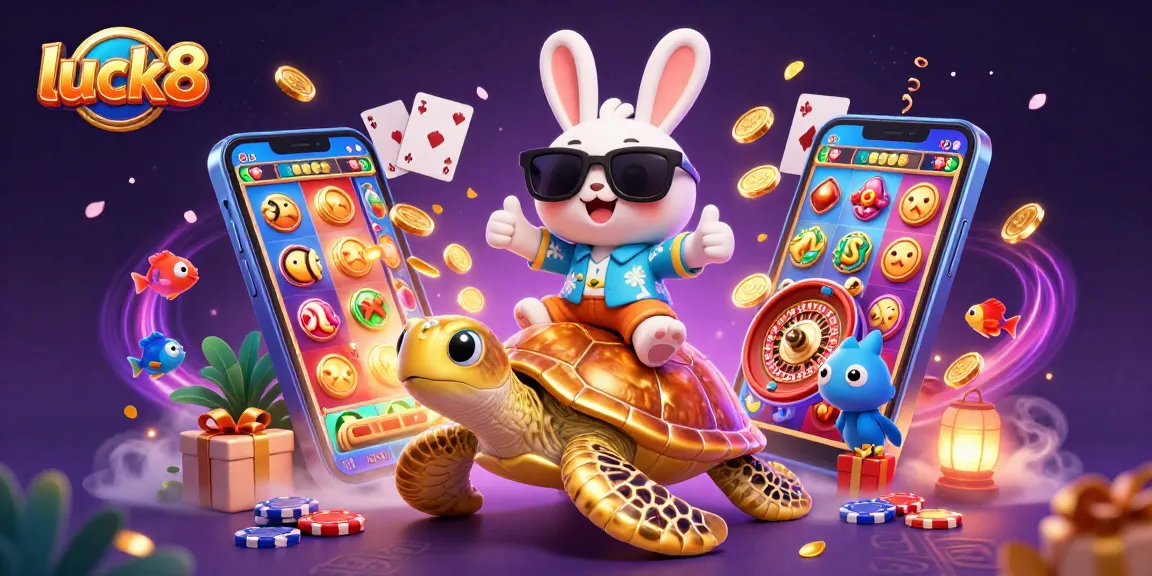Spin and win at luck8 with the adorable lucky rabbit and a golden sea turtle amidst a vibrant casino scene.