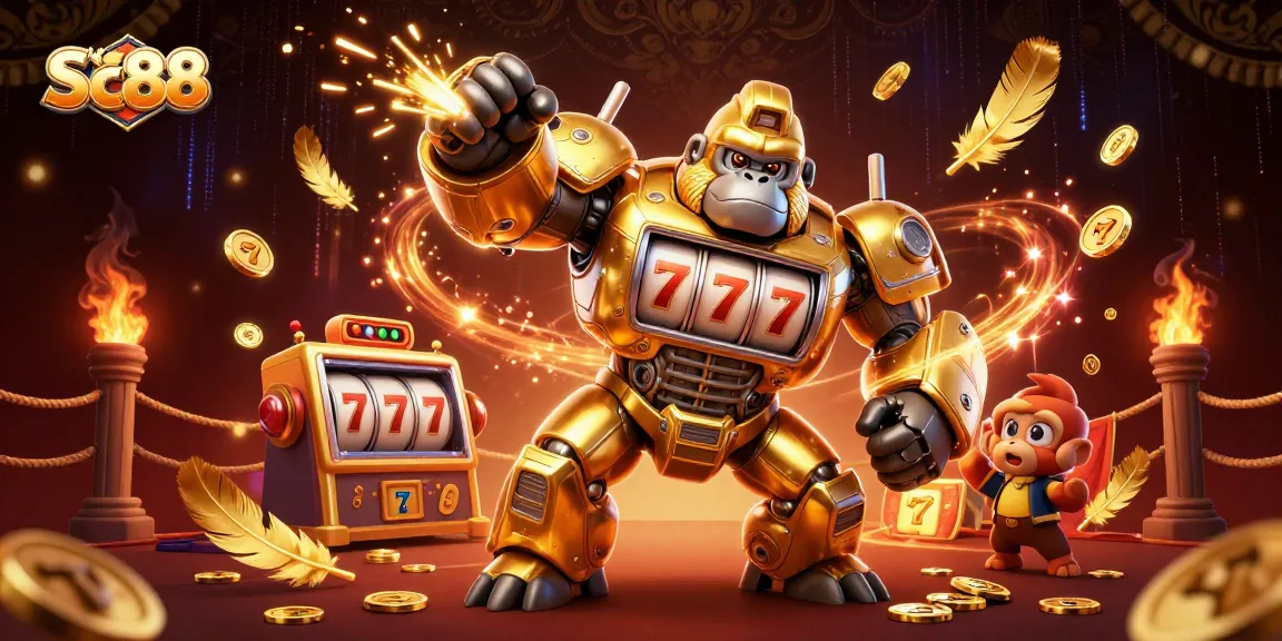 Engage with Sc88's thrilling gaming world through a dynamic 3D scene featuring a mechanical gorilla mech.