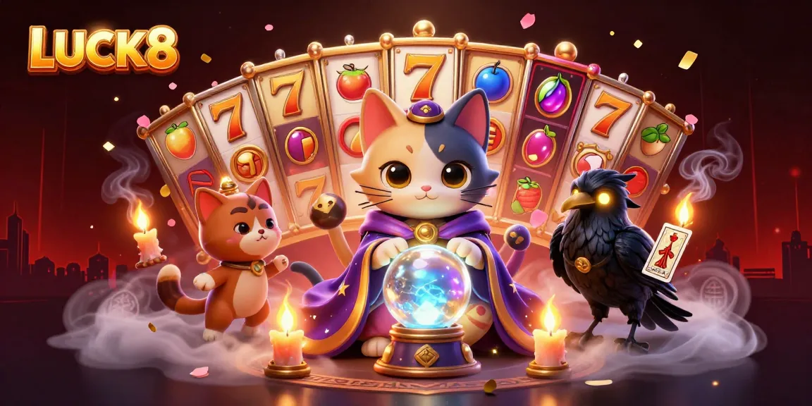 Spin and win with LUCK8's dynamic slot reels and enchanting mystical characters in a vibrant casino scene.