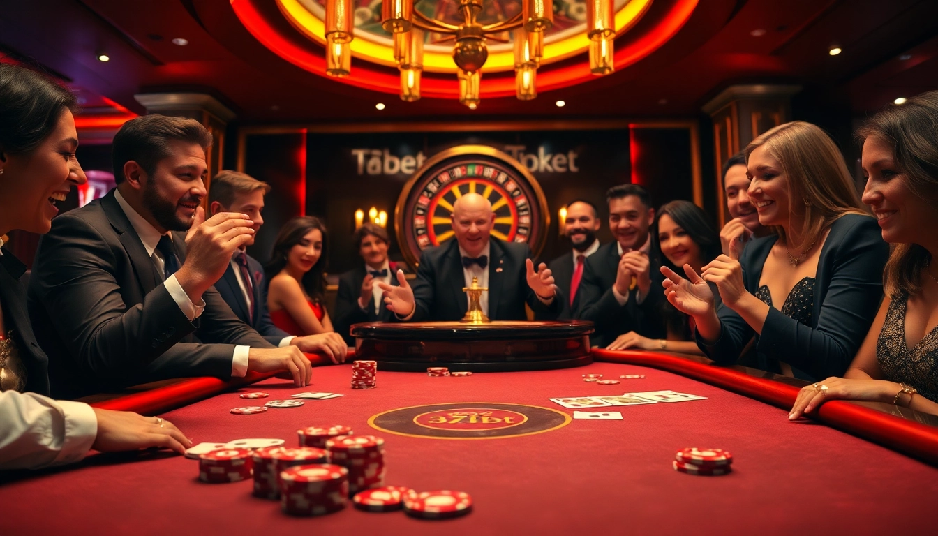 Players enjoying a thrilling game at the 77Bet casino poker table, showcasing vibrant poker chips and cards.