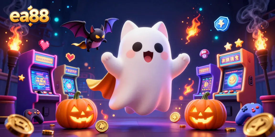 ea88's ghost cat capturing jackpots in a haunted casino with vibrant gaming elements.
