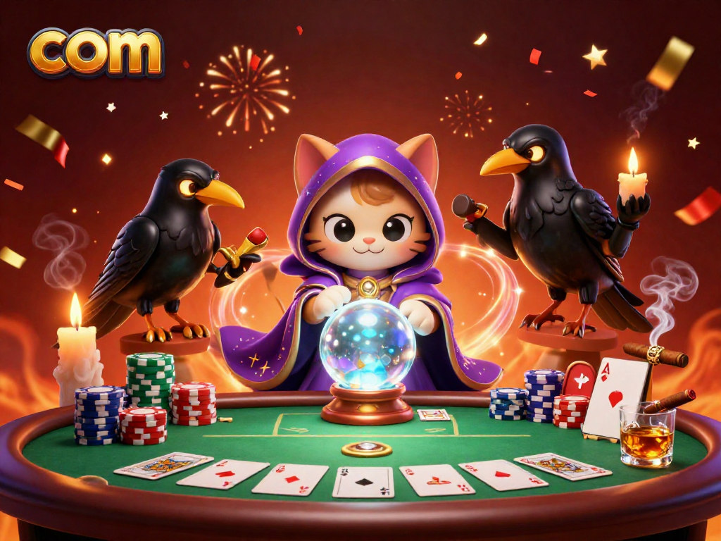 Engage with com's vibrant casino scene featuring a mystical cat and a raven amid poker excitement.