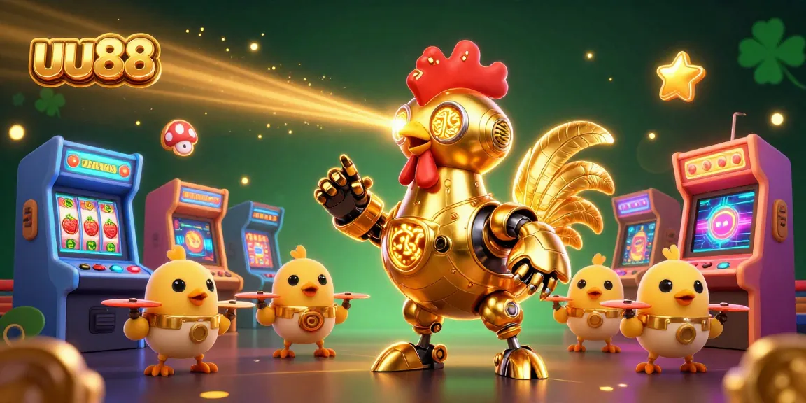 Engage with uu88's thrilling gaming experience featuring a golden rooster robot amidst rich casino elements.