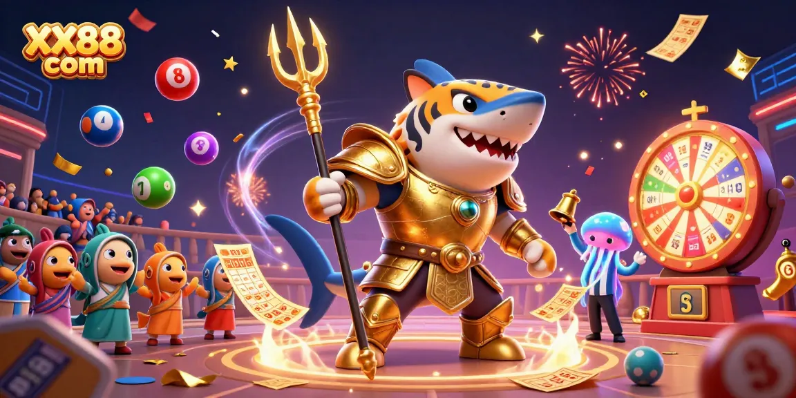 Join the thrilling action with XX88 com as the shark in armor wields a trident in a vibrant underwater casino showdown.