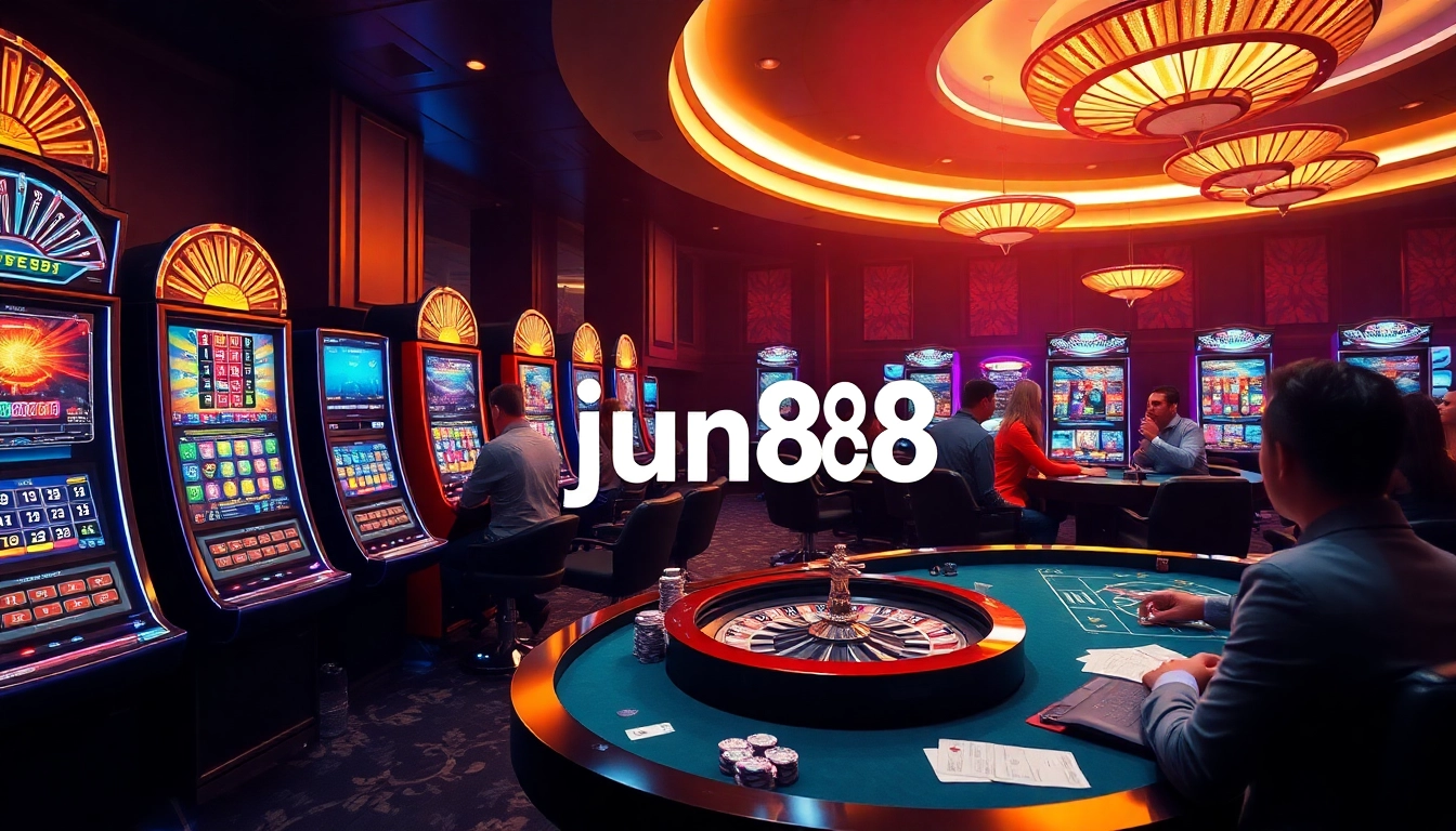 Engaging online gaming scene with jun88 branding featuring vibrant casino games and players.