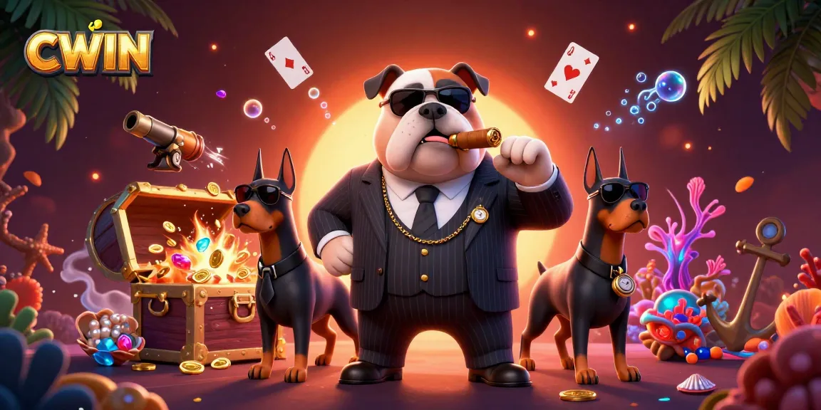 CWIN elevates the gaming experience, showcasing a dynamic 3D illustration of a mafia boss bulldog with loyal bodyguards amidst a treasure-filled oceanic background.