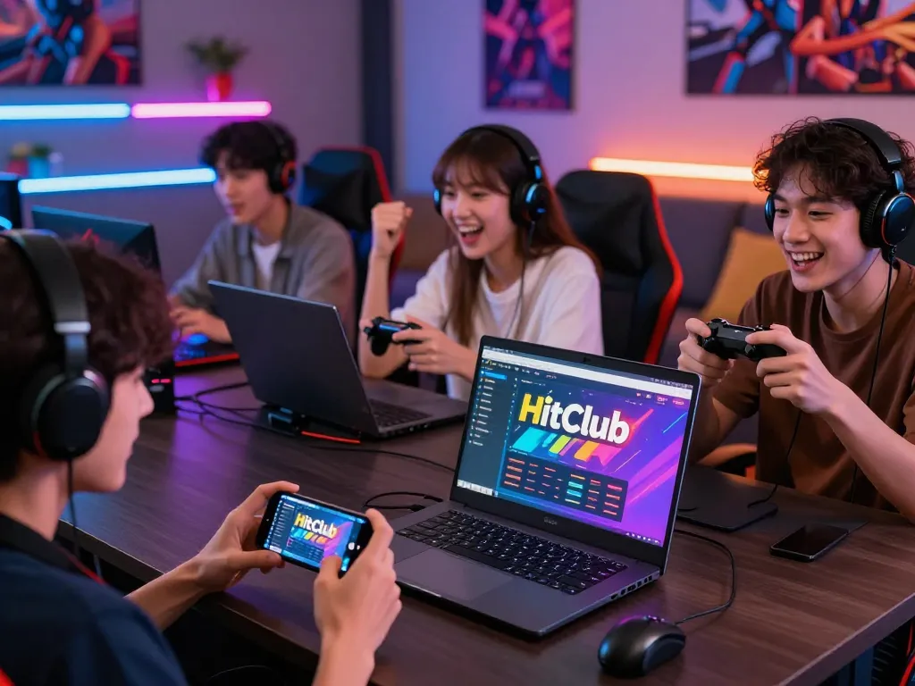 Engaging scene with friends playing and tải hitclub on various devices in a vibrant gaming lounge, showcasing excitement.