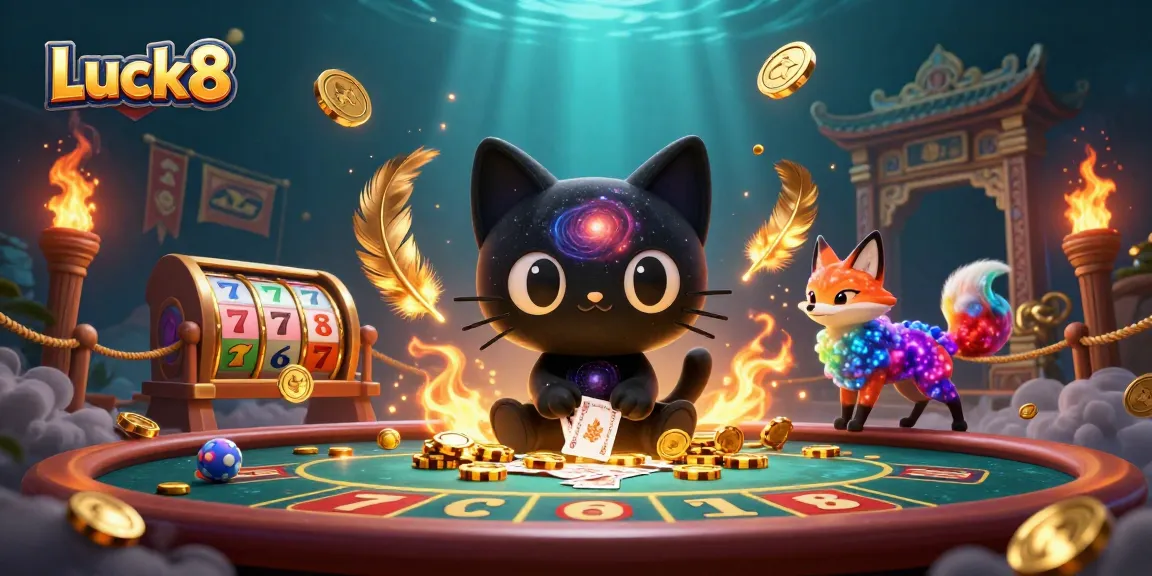 Luck8's cosmic casino scene featuring a black hole cat and nebula fox, pulling in chips and cards.