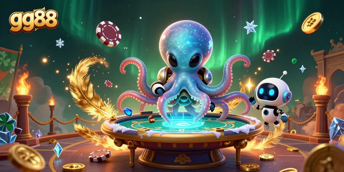 The alien octopus at gg88 conducts high-stakes poker with vibrant holographic chips in a dynamic space-themed setting.