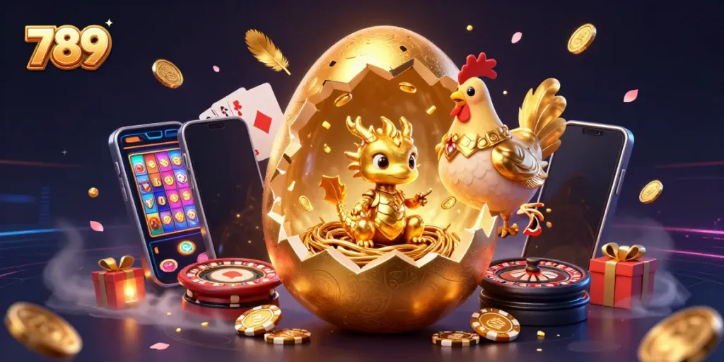 Experience the excitement of 789 with a golden dragon and casino elements in vibrant detail.