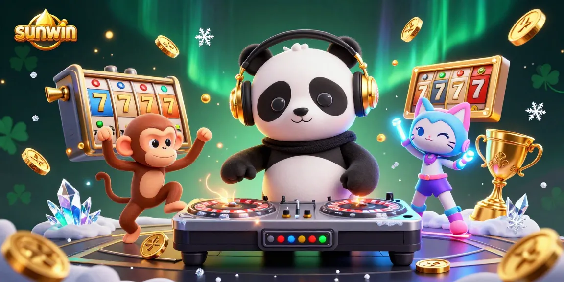Experience the fun at Sunwin with 3D characters amidst slot reels, jackpots, and vibrant casino elements.