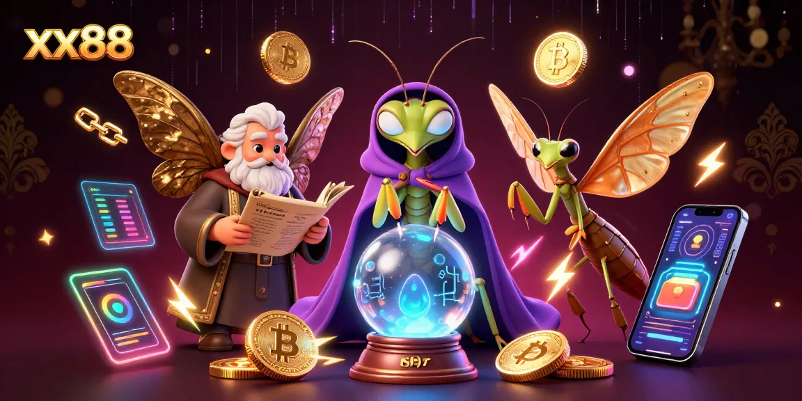 Experience xx88's interactive gaming scene with mystical characters and crypto elements enveloped in vibrant energy.
