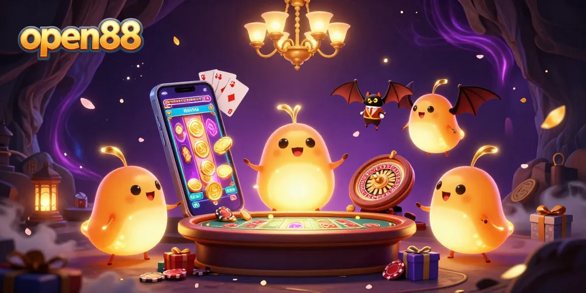 Experience the excitement of open88 with a vibrant cave casino scene featuring glowworms and a bat dealer.