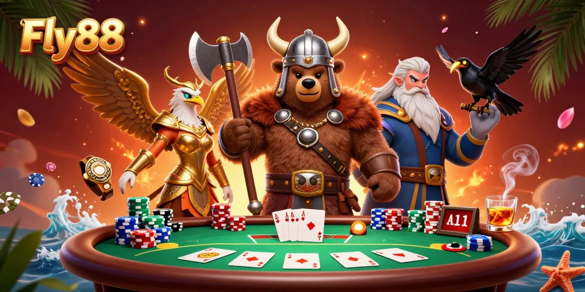 Experience the excitement at Fly88 with a vibrant casino scene featuring dynamic characters and rich game elements.
