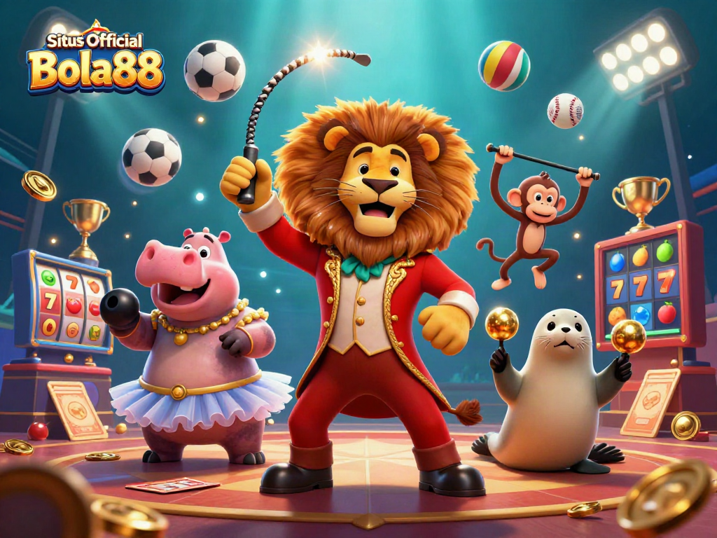 Situs Official Bola88 showcases a vibrant 3D illustration of a circus-themed gambling experience filled with energetic characters and dynamic game elements.