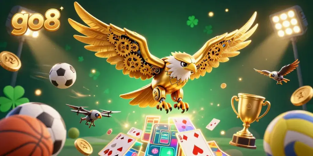 Experience thrilling action with go8 at a vibrant casino featuring a cybernetic golden eagle and sports elements.