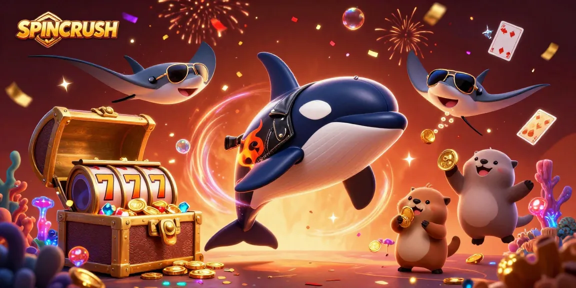 Spincrush showcases thrilling gameplay with characters surrounded by slot reels, coins, and gems.
