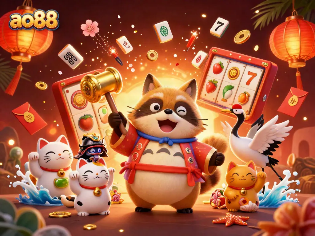 Experience casino fun with ao88's vibrant 3D illustration featuring a lucky tanuki and festive elements.