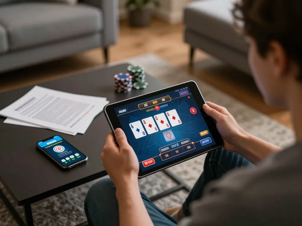 Player enjoying RR88 mobile app for online casino gaming at home, showcasing responsible entertainment