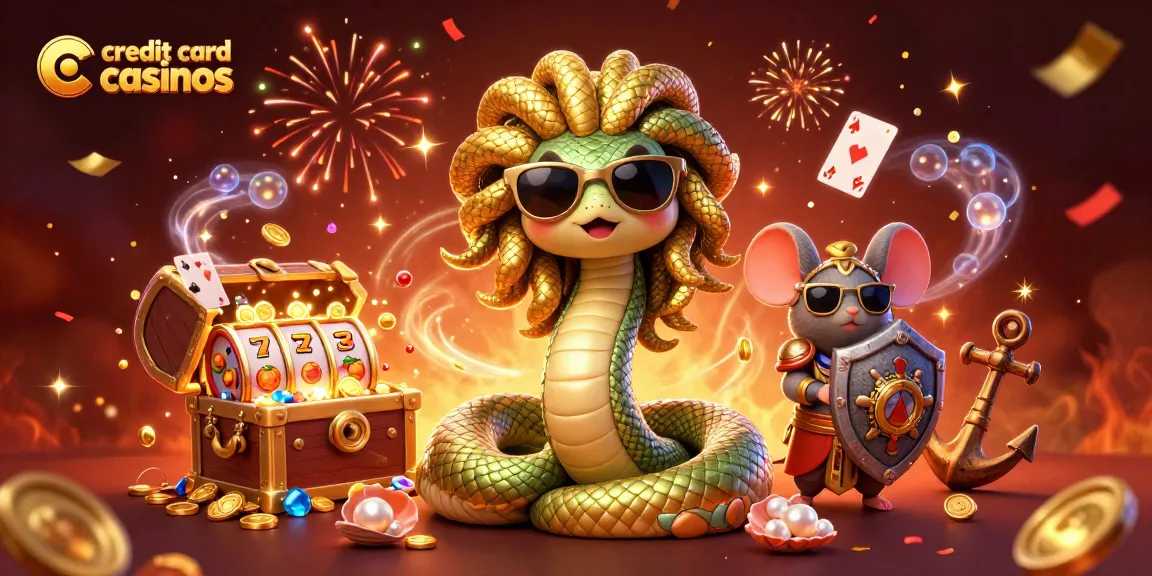 Experience the excitement of credit card casinos with vibrant characters, slots, and rich gaming scenes.