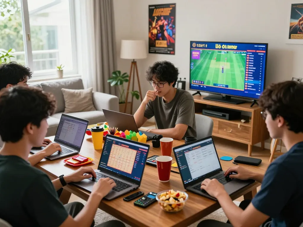 Engaged friends enjoying lô đề online games in a vibrant living room atmosphere.