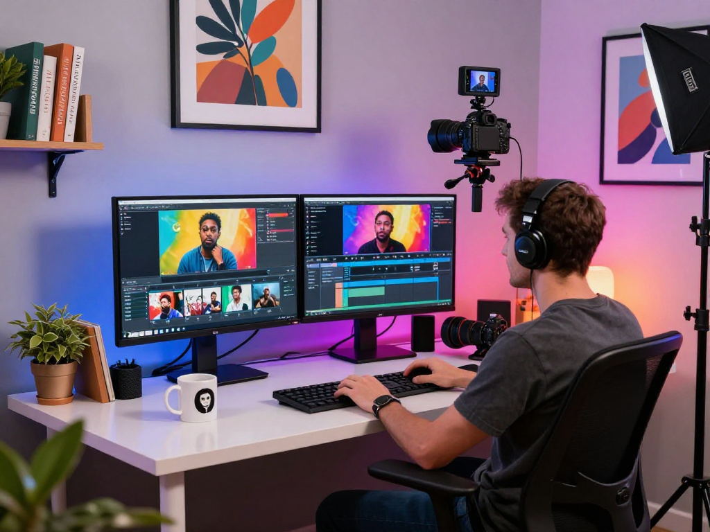 Professional content creator editing NSFW videos in a vibrant workspace with modern decor.
