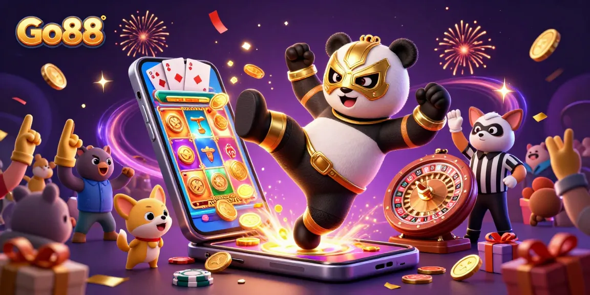 Go88 panda wrestler kicks amid colorful slots and golden coins, engaging animal spectators.