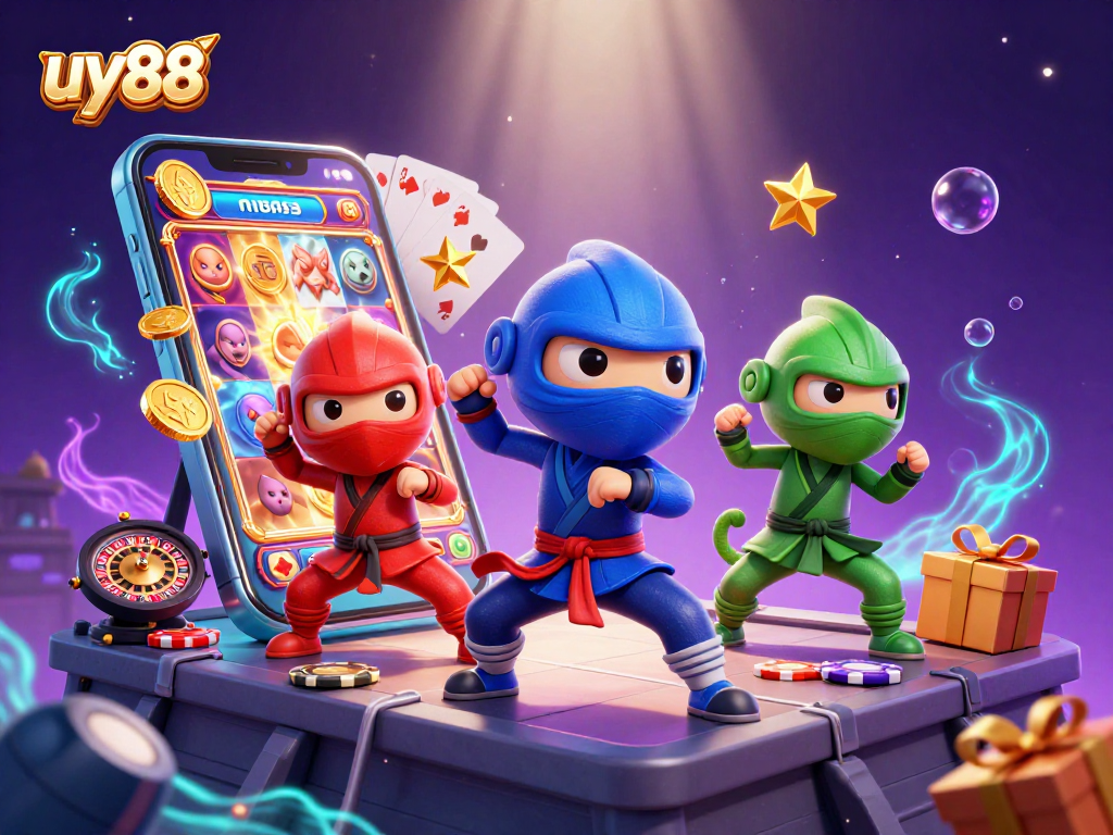 Enhance your casino experience with uy88's colorful slot game surrounded by energetic ninja chameleons.