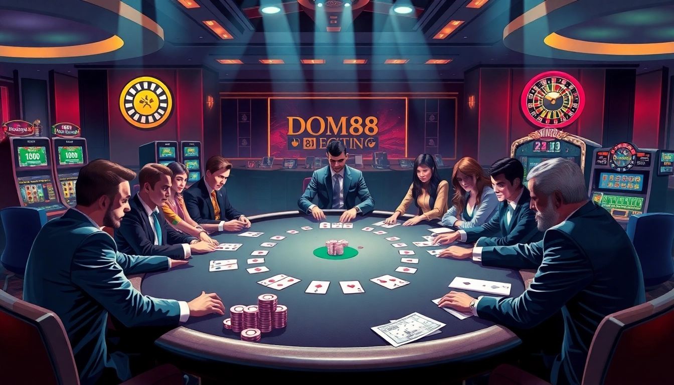 Experience thrilling gameplay at dom88.us.com with a diverse group of gamblers at a luxurious poker table.