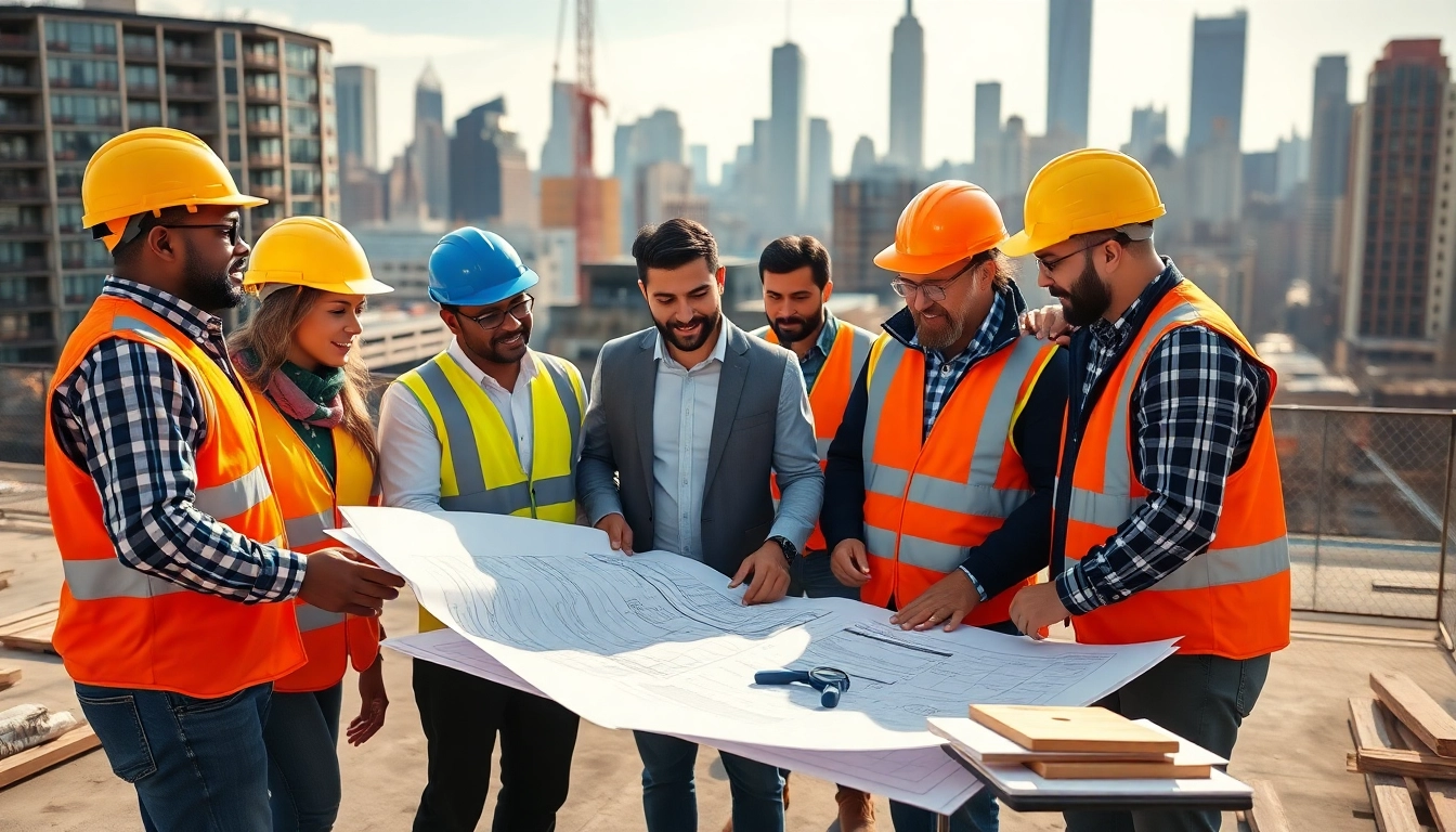 New York Construction Manager leading a diverse team on a bustling construction site.