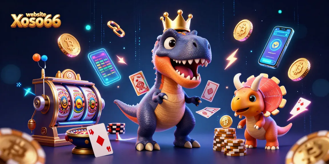 Stack cards and chips with friendly T-Rex at website Xoso66, showcasing vibrant casino elements.