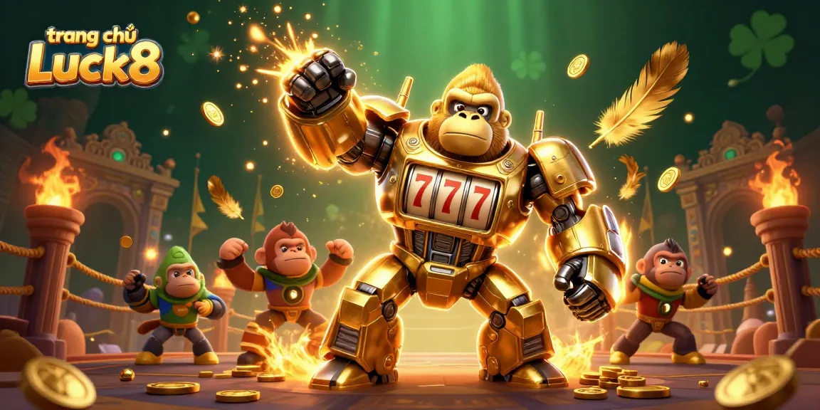 Engage with thrill on trang chủ Luck8 featuring a dynamic 3D illustration of a golden gorilla mech and casino elements.