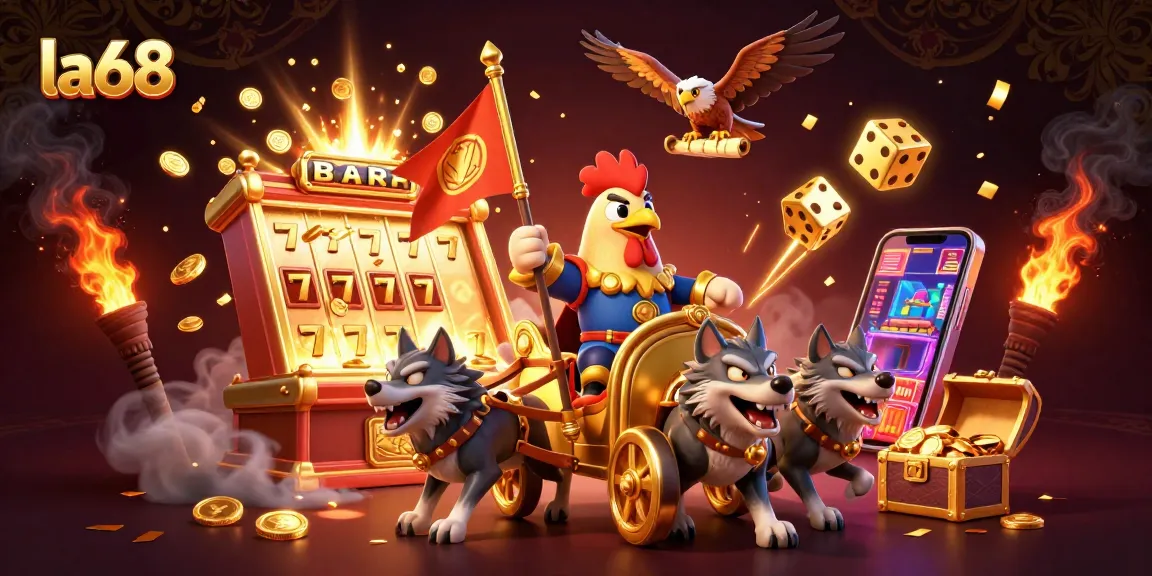 Experience exciting jackpots at la68 with a thrilling 3D illustration of a rooster warlord in a vibrant casino setting.