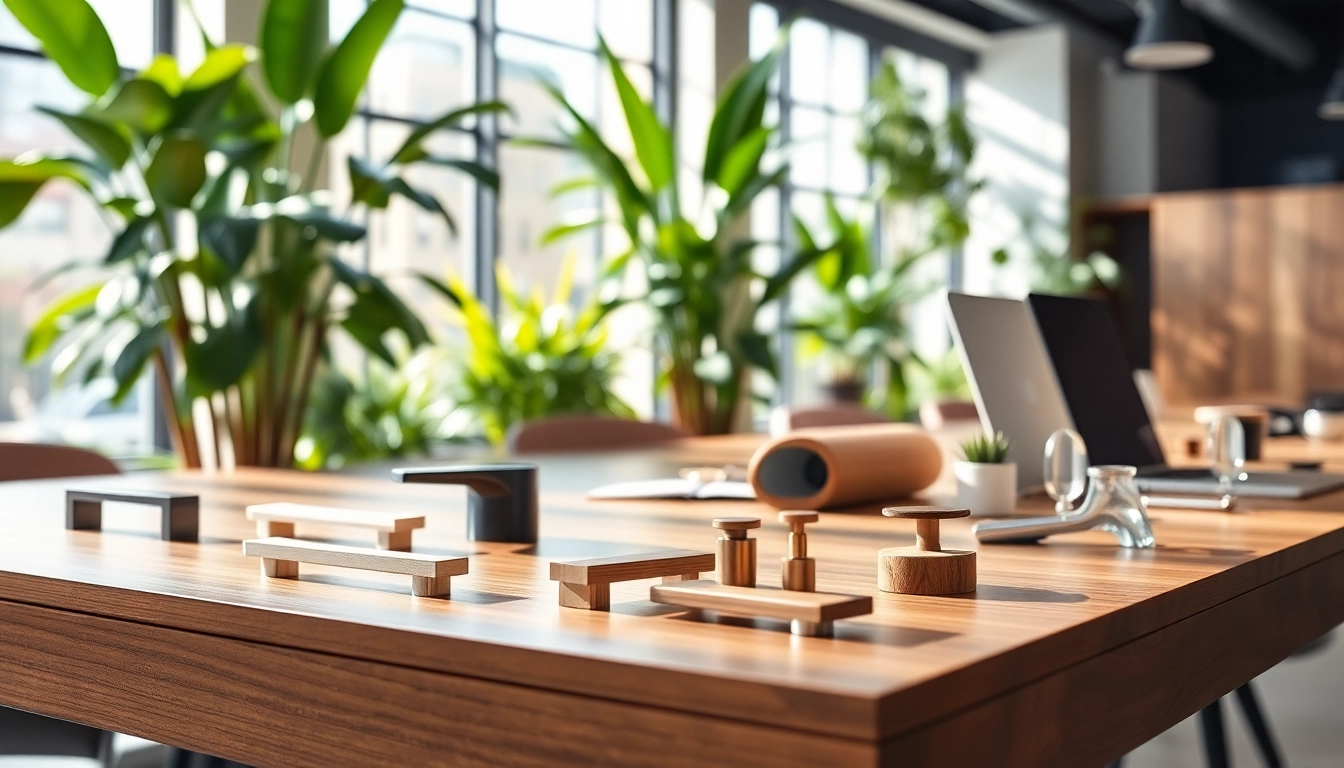 Showcase of unique designs by furniture hardware manufacturers in an inviting workspace.