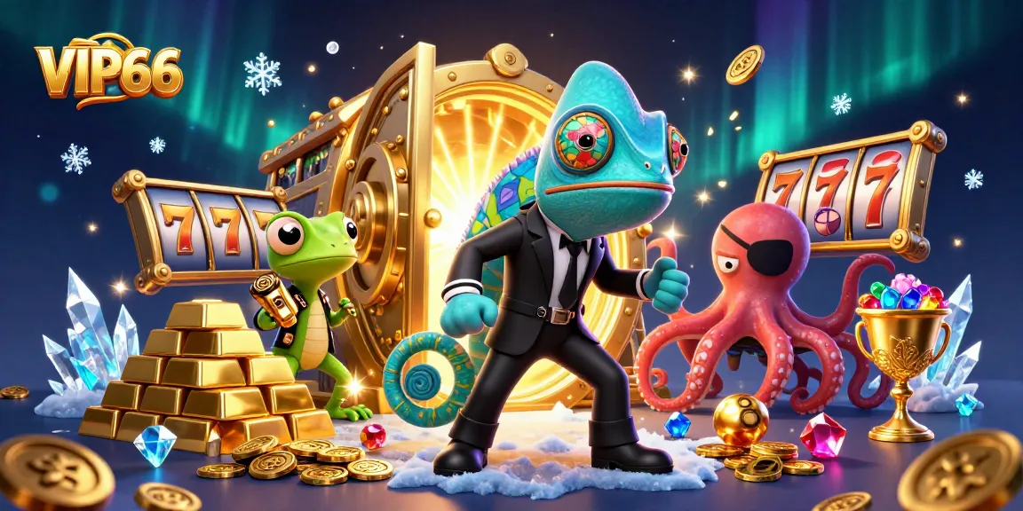 VIP66 chameleon agent unlocking riches with slot reels and gems in a thrilling casino scene.