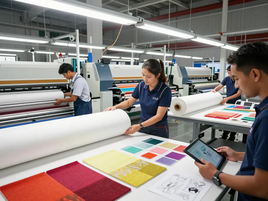 Sunwin textile manufacturing team collaborating on fabric innovation in a modern workspace.
