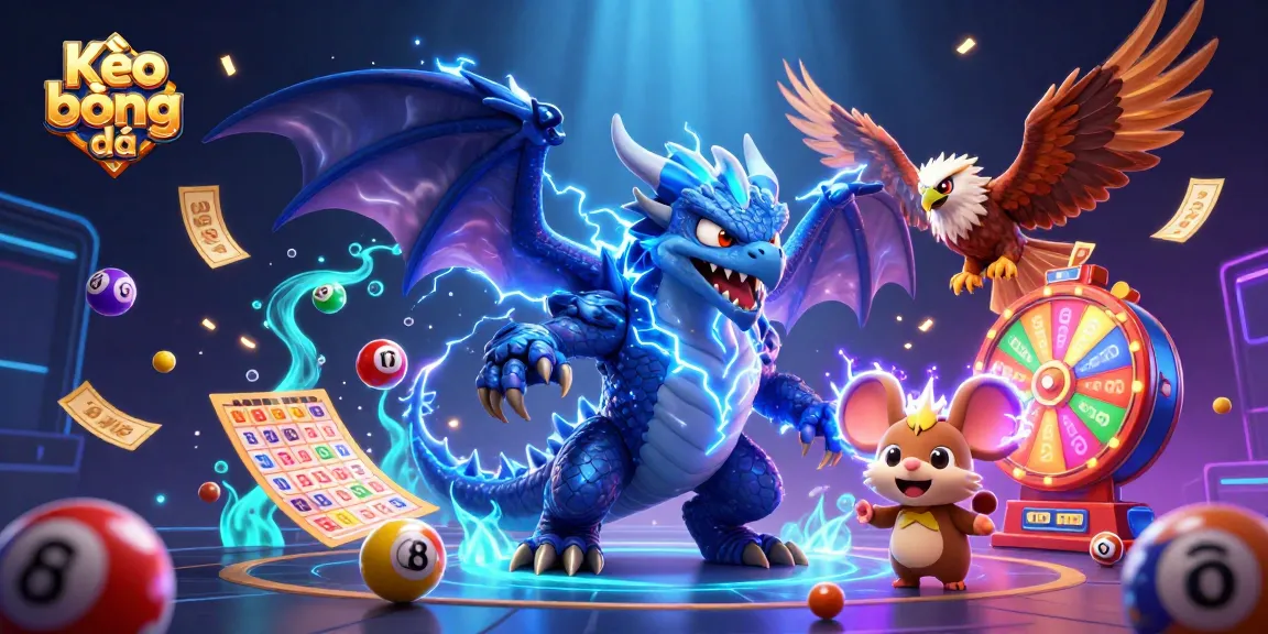 Kèo bóng đá showcasing a vibrant scene with a lightning dragon, a glowing hawk, and a dynamic lottery setting.