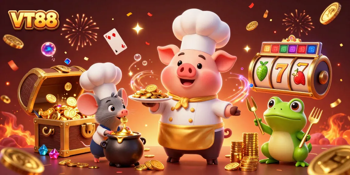 Bet on VT88 while enjoying a vibrant casino scene filled with gold coins and playful characters.
