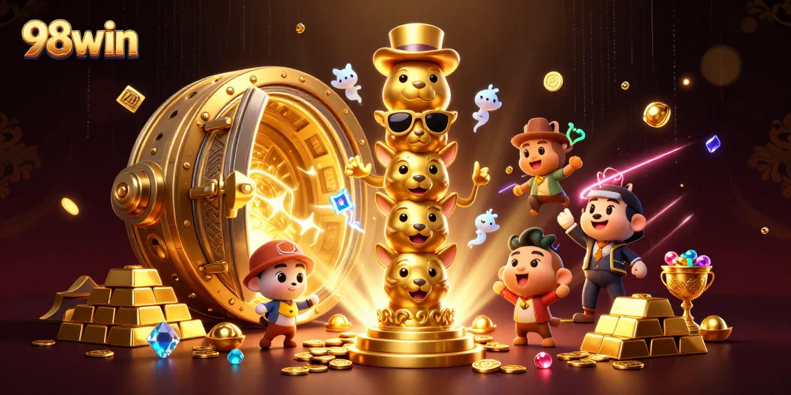 Experience the thrill of 98win with dynamic casino elements and golden treasures in this illustration.