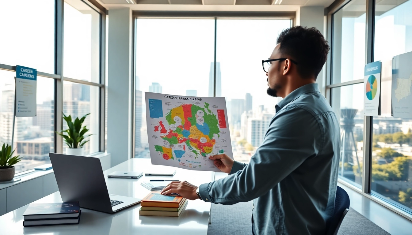 How to find my perfect career path in a professional office with bright lighting and colorful materials.