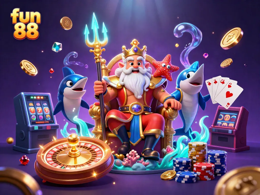 Experience fun 88 with vibrant gaming elements in a dynamic 3D casino scene featuring Neptune.