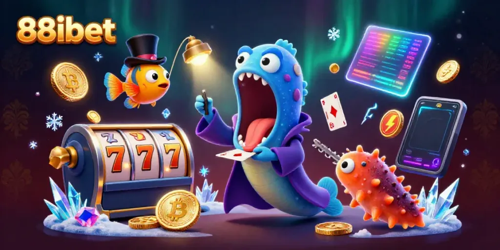 Experience thrilling card tricks with 88ibet's vibrant casino illustration featuring engaging sea creatures.
