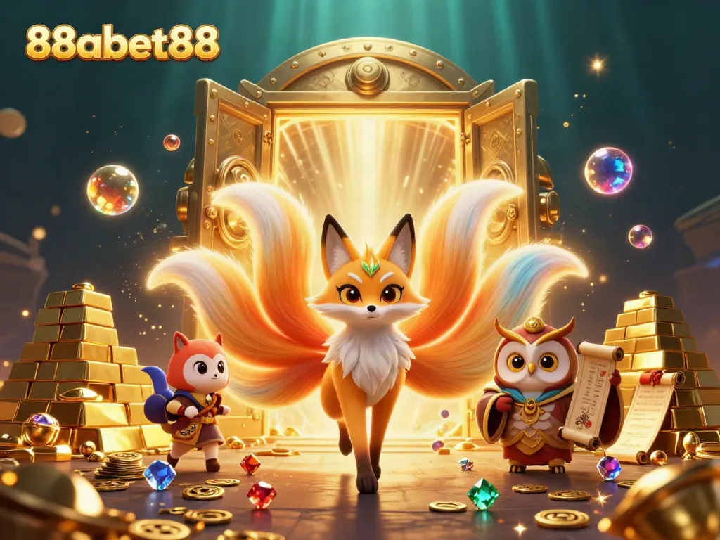 Experience the magical world of 88abet88 with a vibrant nine-tailed fox, wise owl, and sparkling treasures.