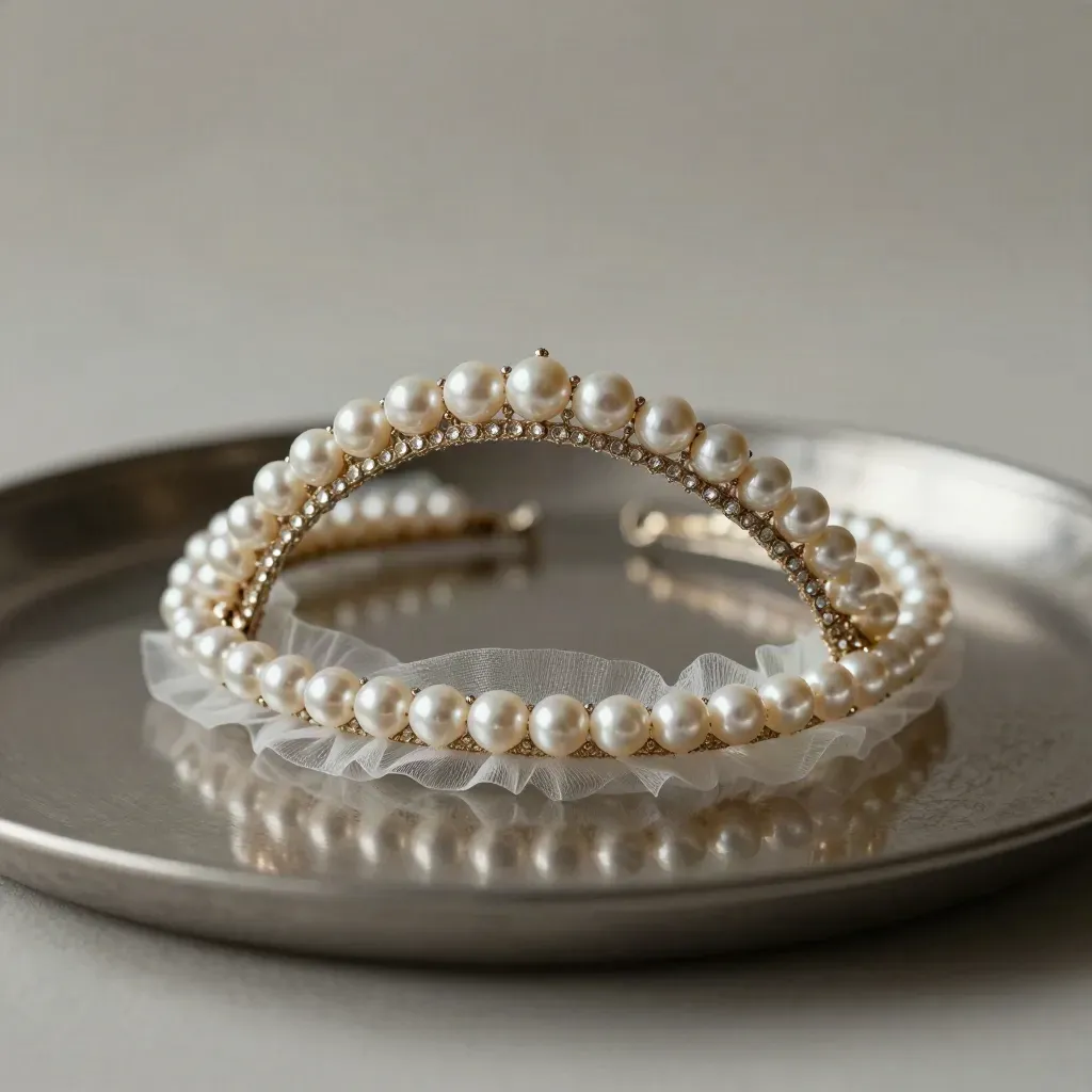 Pearl tiara macro with curled strand, tulle edge and pewter tray on pale plaster