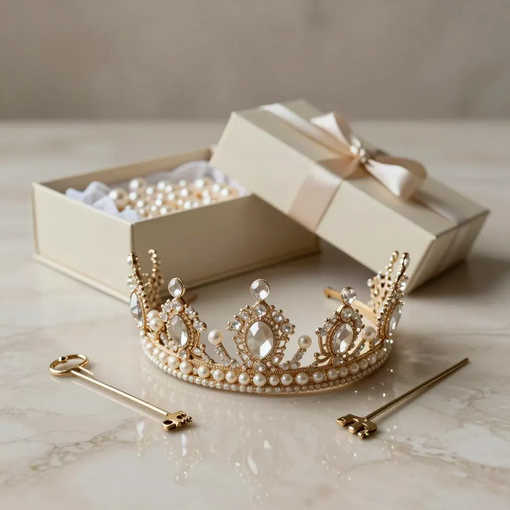 Bridal crown set with pins and gift box on cream marble with pearls and tissue.