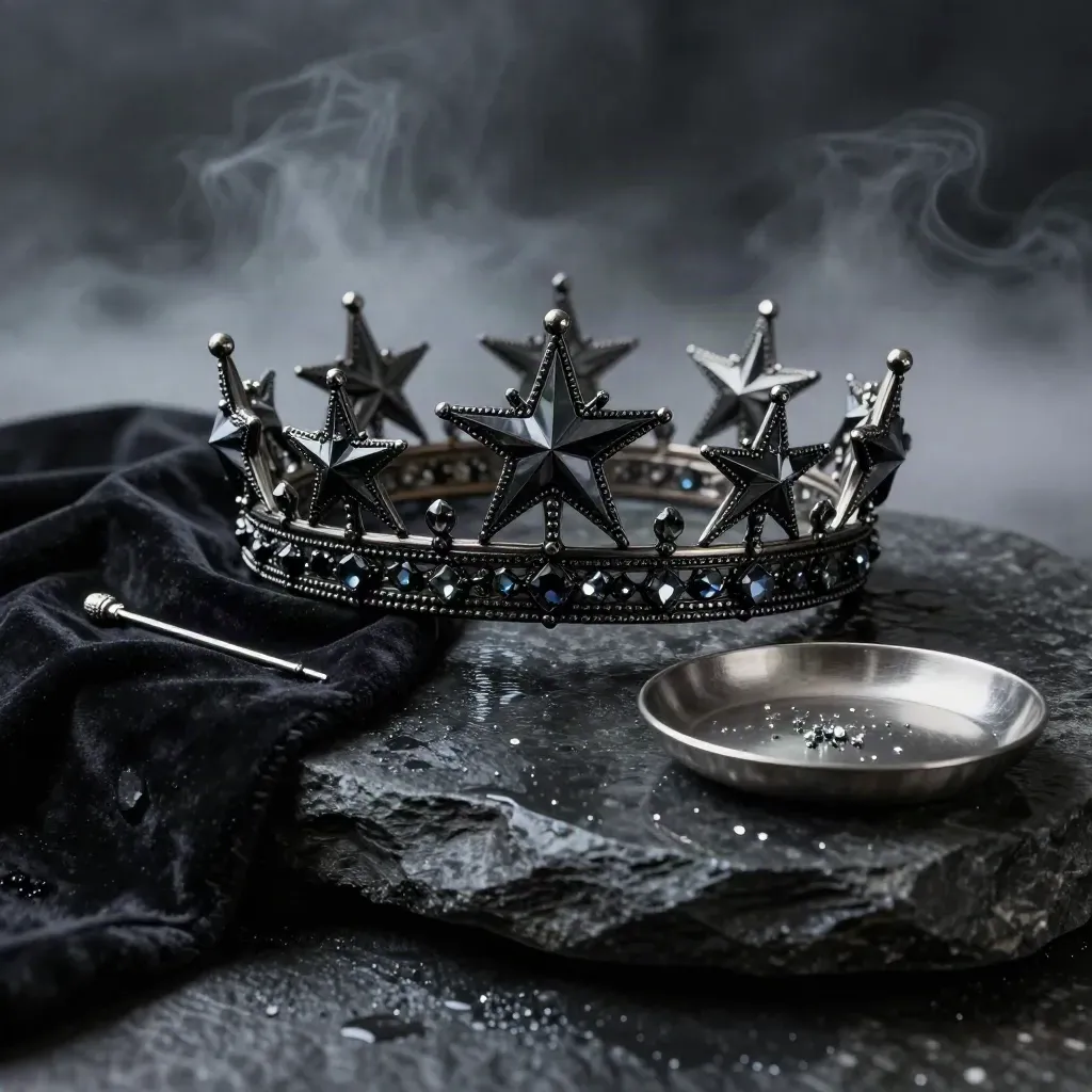 Black crown on wet stone with velvet fold, pin and metal tray in cool mist.