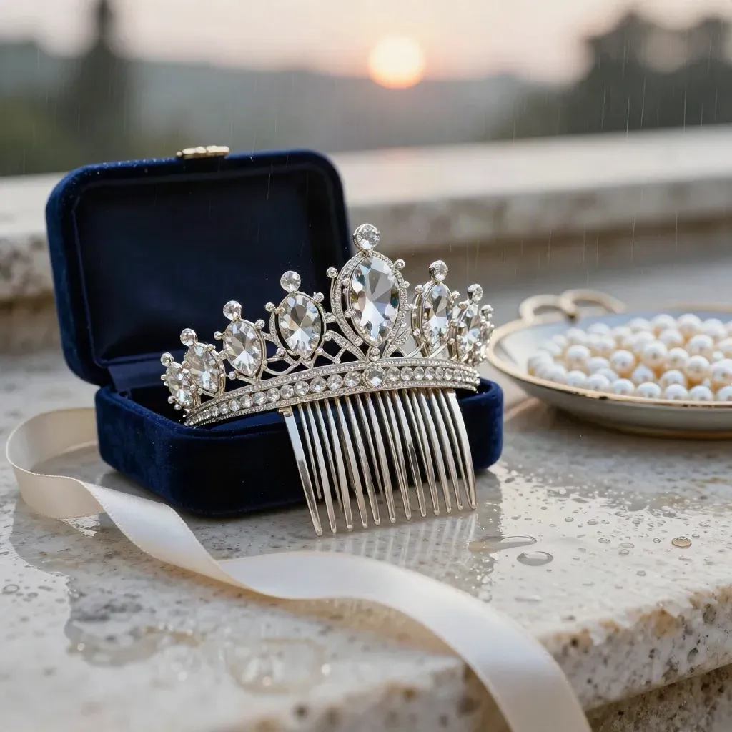Crystal tiara, comb, velvet box, ribbon and pearls on damp stone in soft rain light