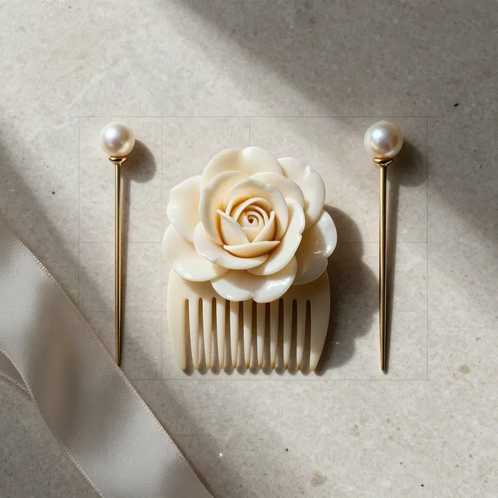 Ivory rose hair comb with pearl pins, silk wrap and pearl bead on pale travertine.